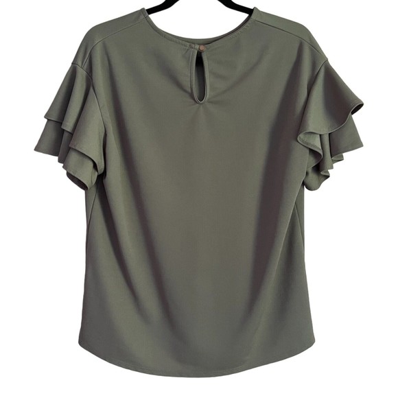 Faith and Joy Monteau Blouse Women's Top Tan Ruffled Flutter Sleeves Keyhole S - Picture 2 of 8